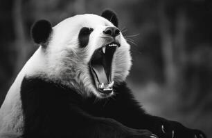 ai generado un gigante panda oso es agarrando sus garras y ondulación sus cola foto