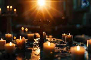 AI generated a cross is sitting in front of candles and light rays photo