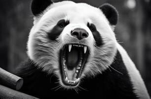 ai generado un gigante panda oso es agarrando sus garras y ondulación sus cola foto