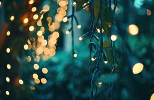 AI generated lighted fairy lights hanging from a string in an outdoor garden photo