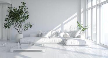 AI generated minimalist white living room with plant photo