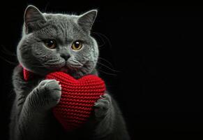 AI generated a gray cat holding red heart over black background photo