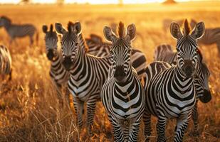 AI generated a group of zebras standing in the field at sunset photo