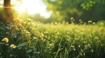 AI generated a green and flowery field with sunlight in the background photo