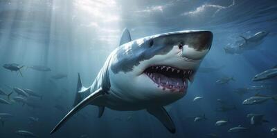 ai generado un blanco genial blanco tiburón es demostración sus dientes submarino foto