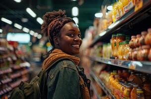 AI generated a smiling customer shopping at a grocery store photo