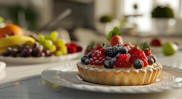 AI generated a fruit tart is sitting on a white plate with other dishes photo