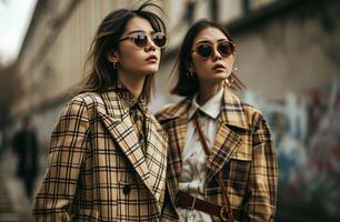 ai generado dos mujer vistiendo tartán chaquetas americanas y Gafas de sol foto