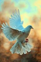 AI generated white dove flying free in a light evening photo