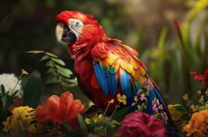 AI generated a colorful parrot sits in a flower bed photo