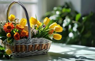 AI generated easter baskets with colorful flowers and yellow eggs on white photo