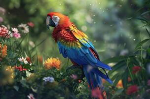AI generated a colorful parrot sits in a flower bed photo