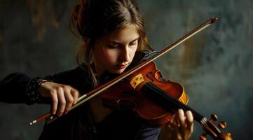 ai generado un joven hembra musical estrella jugando violín foto