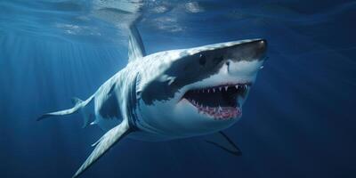 AI generated a white great white shark is showing its teeth underwater photo