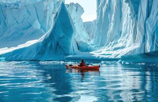 AI generated a woman is floating on a canoe under icebergs photo