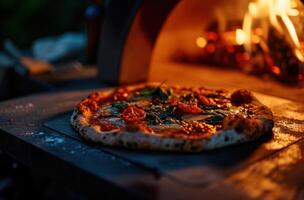 ai generado un Pizza es cocido en un madera despedido Pizza horno foto