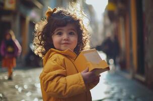 ai generado un pequeño niña con Rizado pelo sostiene un papel paquete foto