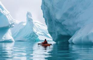 ai generado un mujer es flotante en un canoa debajo icebergs foto