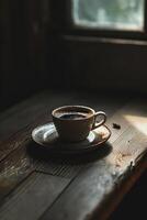 ai generado un taza de café conjunto en un plato en un de madera mesa foto