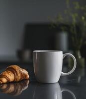 ai generado un blanco café taza sentado en un negro mesa siguiente a un cuerno foto