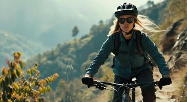 ai generado un mujer es montando su bicicleta en el montaña foto