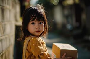 AI generated a little girl holding a box photo