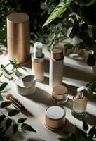 AI generated a group of cosmetic products with some plants around them photo