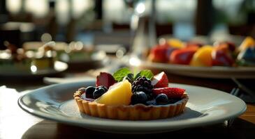 AI generated a fruit tart is sitting on a white plate with other dishes photo
