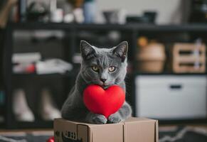 AI generated a grey cat holding a red heart photo