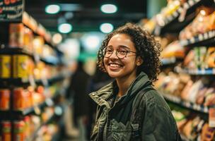 AI generated a smiling customer shopping at a grocery store photo