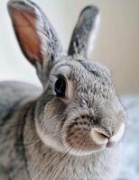 AI generated a gray rabbit is front camera and looking back or side ward photo