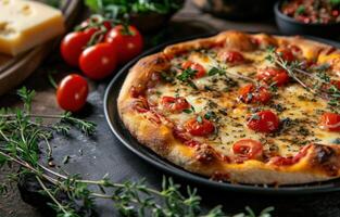 AI generated a pizza with herbs and tomatoes on a black plate photo