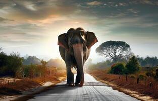 AI generated an elephant walking along the road photo