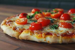 ai generado un imagen de un italiano Pizza con Tomates y queso Mozzarella foto