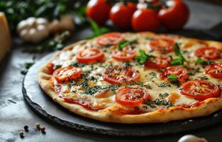 AI generated a pizza with herbs and tomatoes on a black plate, photo