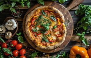 AI generated a pizza placed on a wooden tray surrounded by peppers, basil, tomatoes and herbs, photo