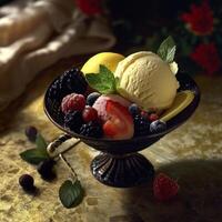 AI generated an ice cream bowl filled with berries, mint and a piece of lemon photo