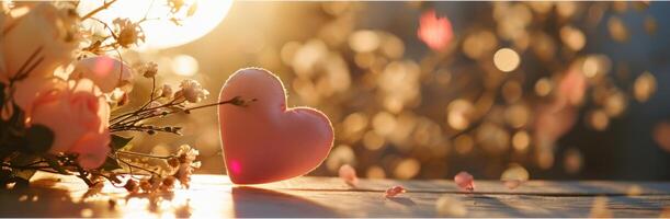 ai generado un rosado corazón sentado en un mesa en frente de un grande ramo de flores foto