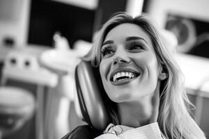 ai generado un sonriente rubio mujer en un dentista silla foto