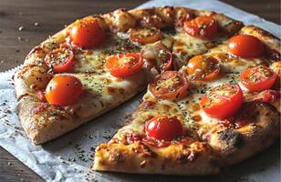 ai generado un imagen de un italiano Pizza con Tomates y queso Mozzarella foto