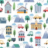 Childish seamless pattern with scandinavian houses, trees and cars. Cute town and transport. Cartoon landscape vector print for baby nurcery