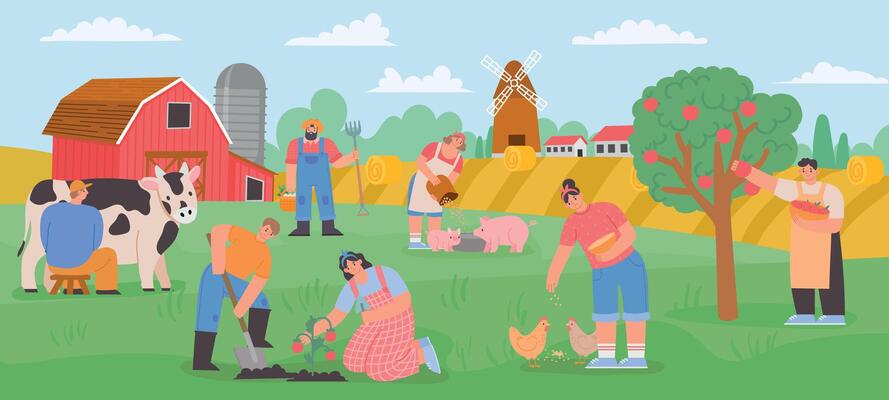Farming landscape with workers. Countryside farmer community feed animals, milk cow and grow vegetables and fruits. Flat farm vector concept
