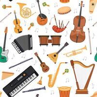 Seamless pattern with flat musical orchestra instruments and notes. Strings, percussion and wind instrument. Cartoon music vector background
