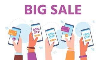 Hands hold phones with sales. Supermarket online discount shopping app. Hand buy in shop with mobile payment. Big sale banner vector concept