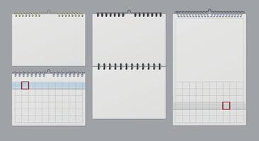 realista blanco pared calendarios maquetas con espiral y mesa. papel calendario con enlazar cable anillos y blanco paginas 3d callender vector conjunto