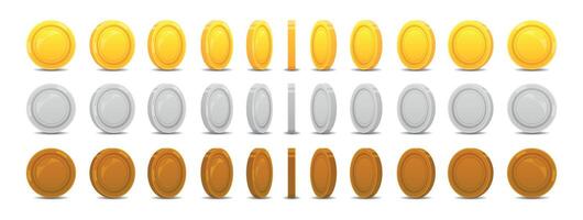 Golden coin animation. Game UI icon with rotating 2D award element, mobile application and web casino interface element. Vector flipping reward set