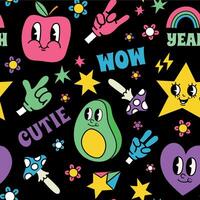 Retro comic style characters faces and hands seamless pattern. Trendy print with psychedelic stickers. Funny cartoon elements vector texture