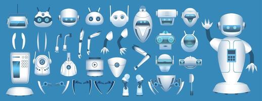 Robot character constructor. Cartoon futuristic android body parts. Robotic arms, legs and heads for animation. Robots elements vector set