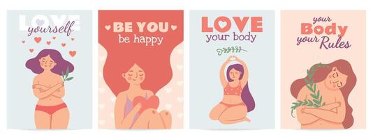 Body positive posters, woman love yourself banners vector