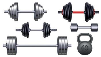 Realistic metal dumbbells, kettlebell and barbell for gym weight training. 3d fitness and bodybuilding exercise iron equipment vector set